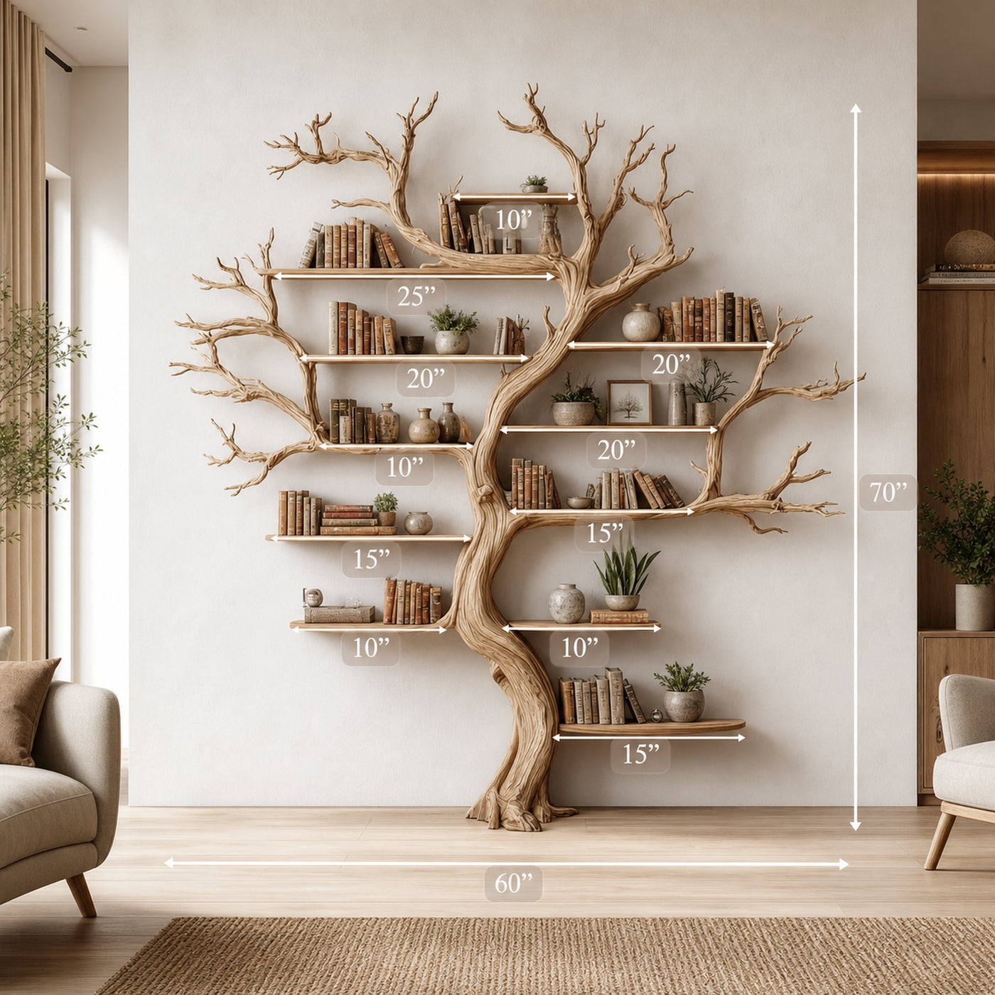Rustic Tree Wall Bookshelf Living Room - product view 5