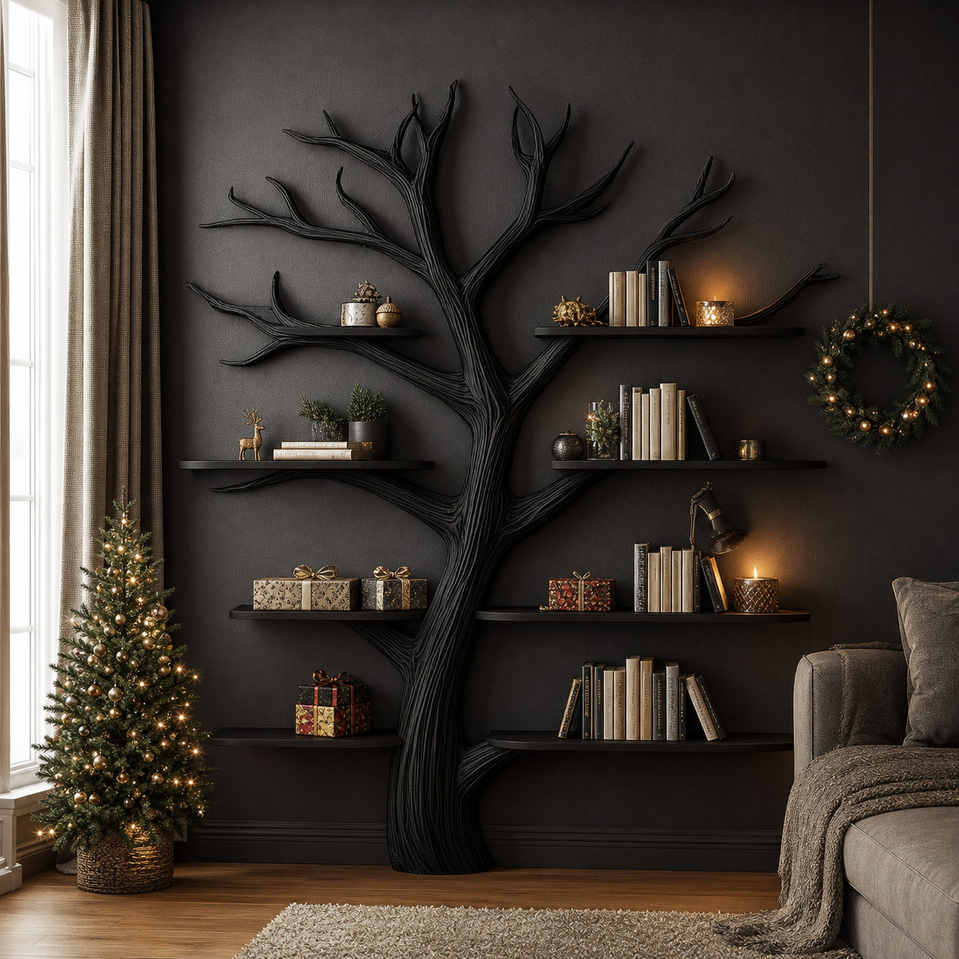 Rustic Tree Wall Bookshelf Living Room Christmas Halloween Modern Style