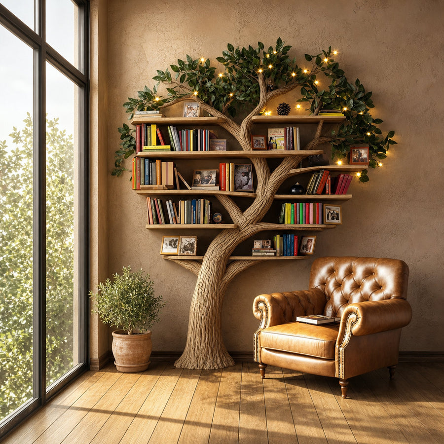 Rustic Tree Wall Bookshelf Warm Reading Corner