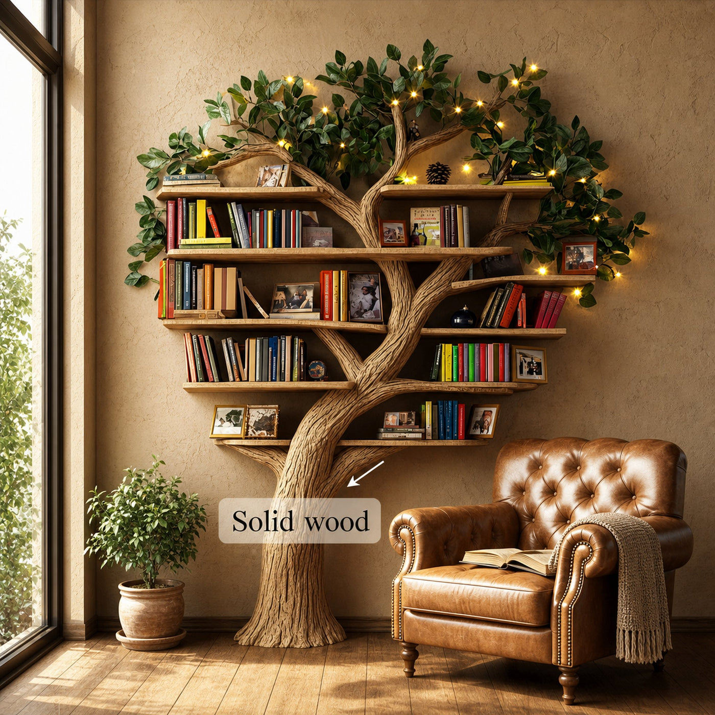 Rustic Tree Wall Bookshelf Warm Reading Corner - product view 2