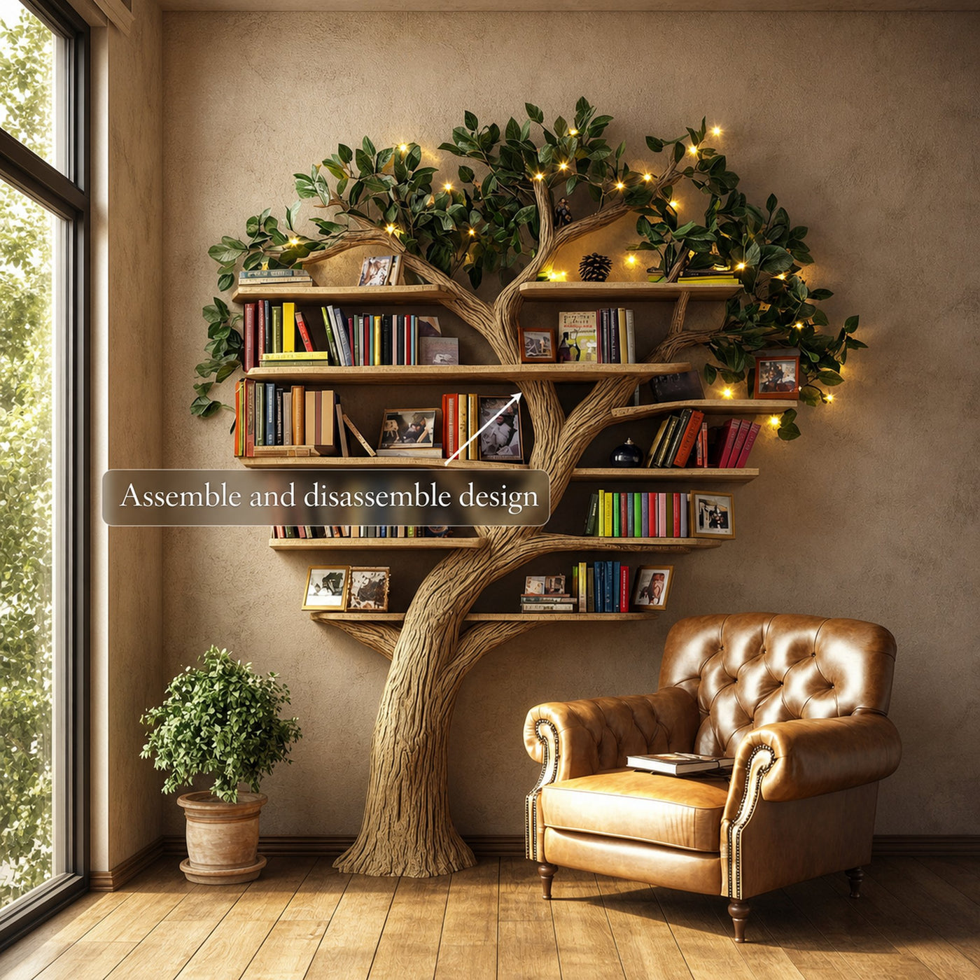 Rustic Tree Wall Bookshelf Warm Reading Corner - product view 3
