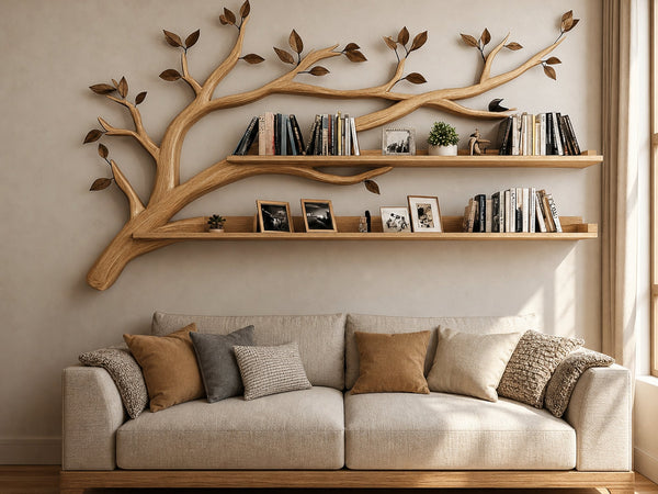 Rustic Tree Wall Display Shelf Modern Cozy Bedroom
