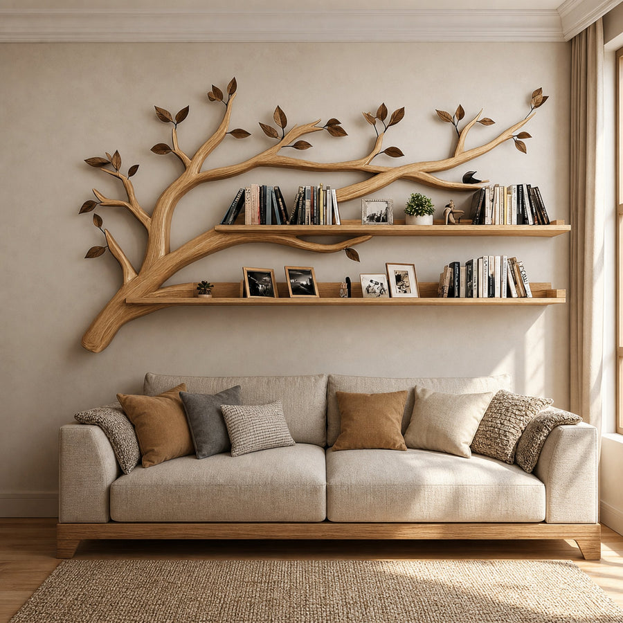 Rustic Tree Wall Display Shelf Modern Cozy Bedroom