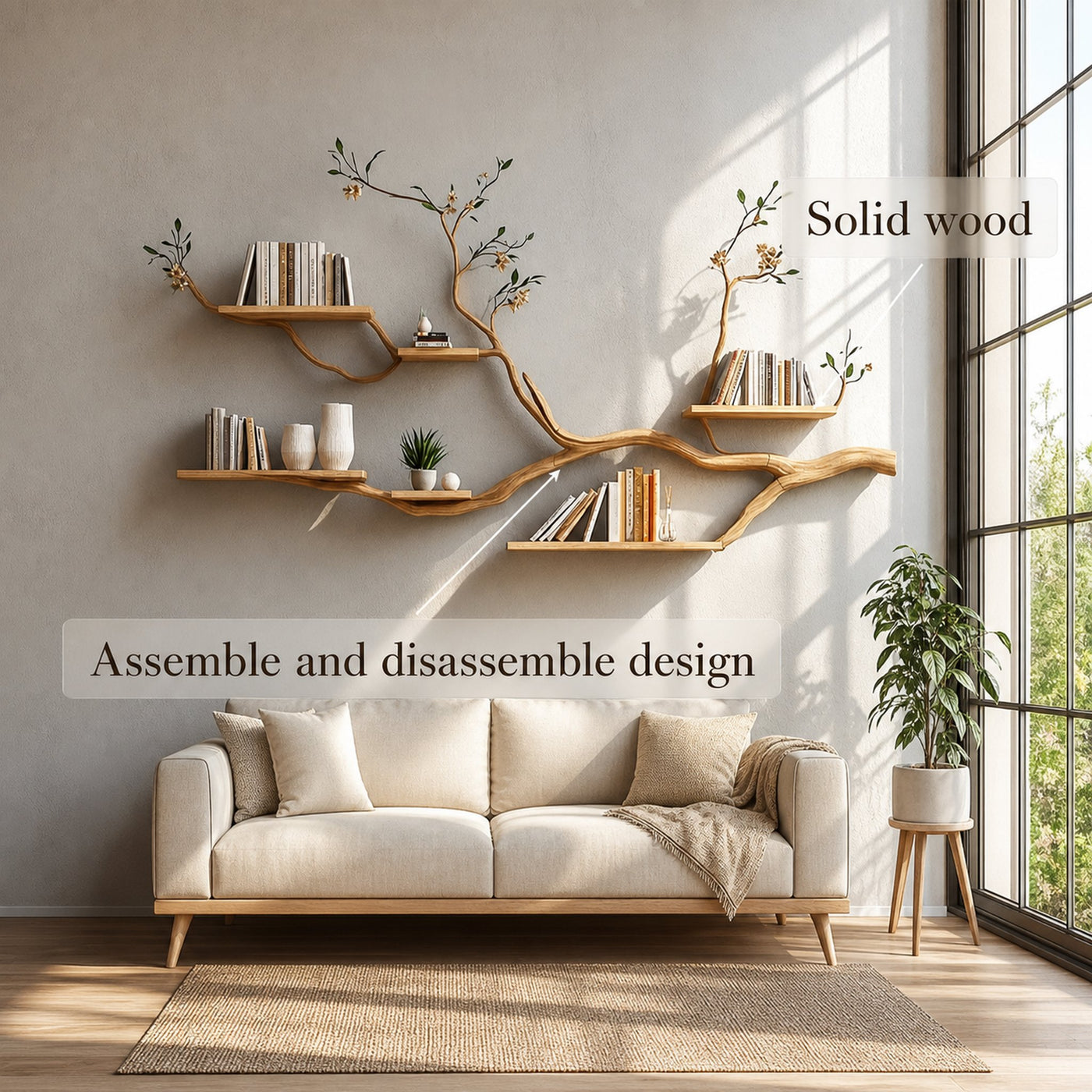 Rustic Tree Wall Display Shelf Natural Cozy Home - product view 3