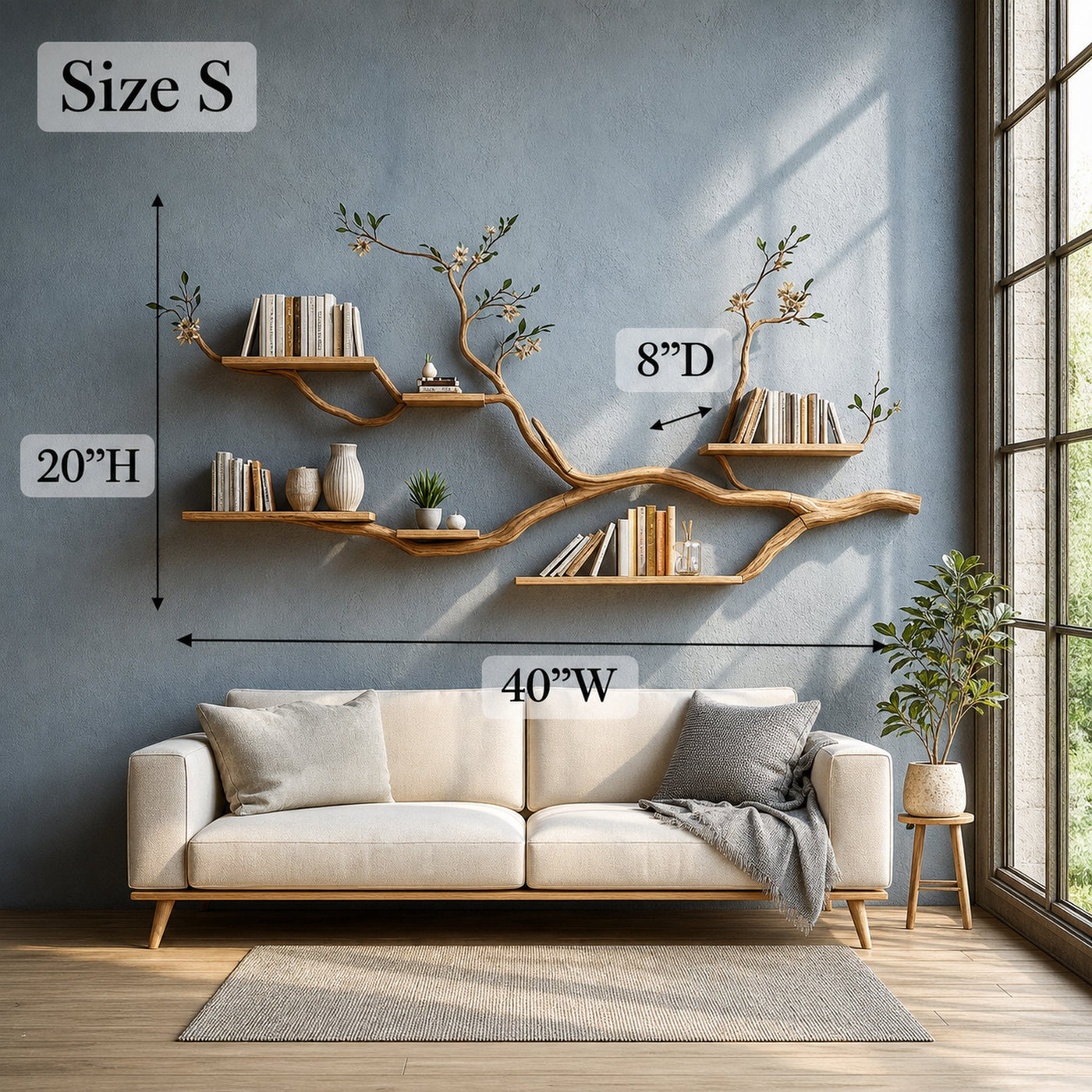Rustic Tree Wall Display Shelf Natural Cozy Home - product view 4