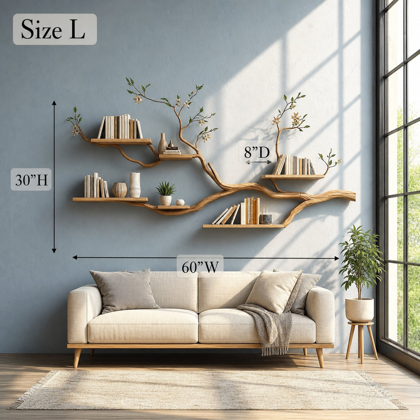 Rustic Tree Wall Display Shelf Natural Cozy Home - product view 6