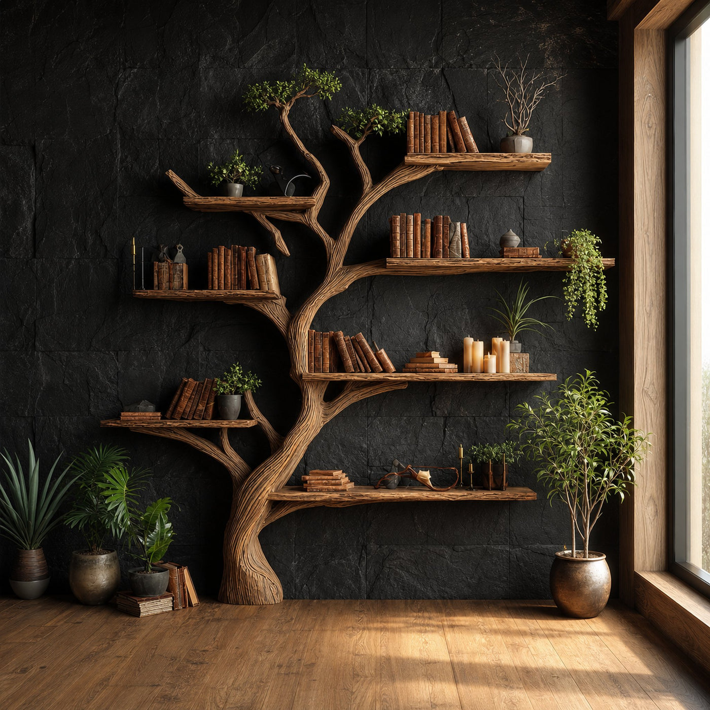 Rustic Tree Wall Shelf Family Room