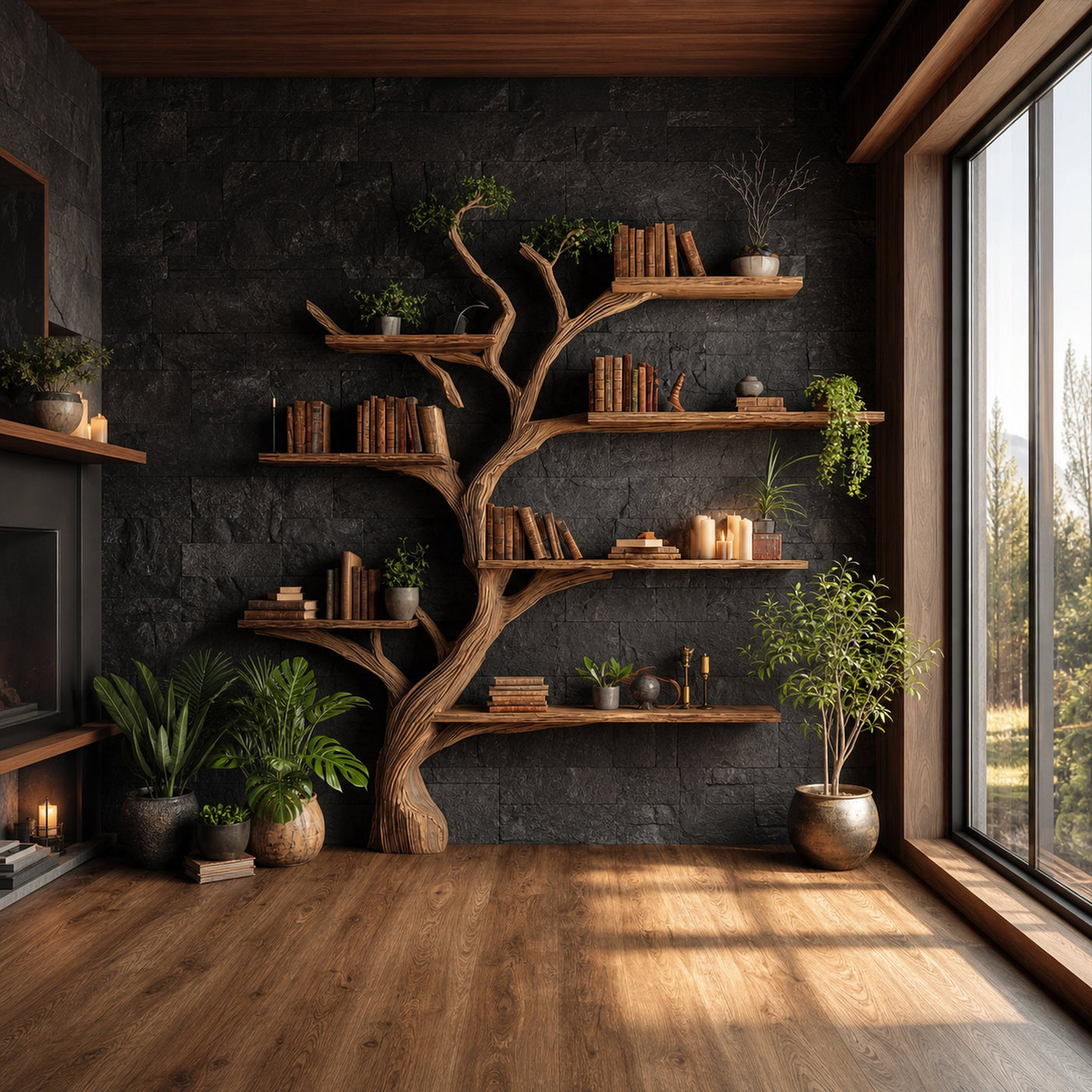 Rustic Tree Wall Shelf Family Room - product view 2