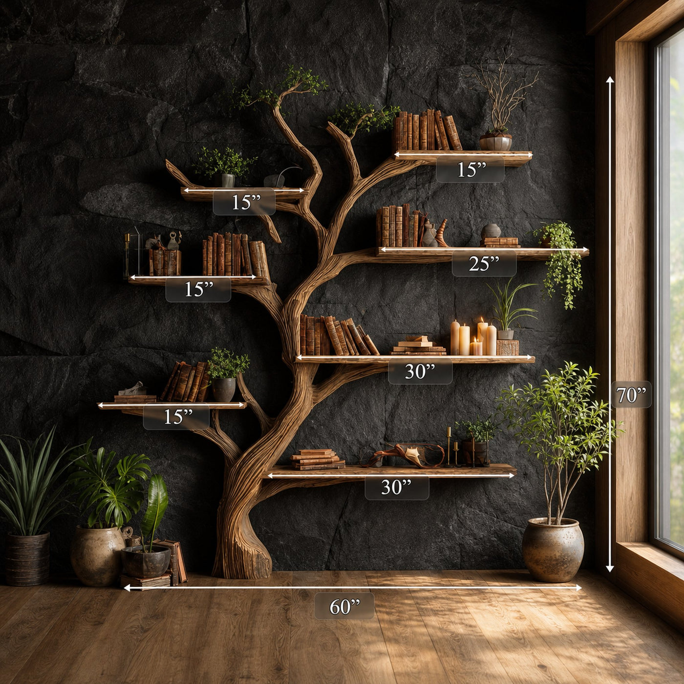 Rustic Tree Wall Shelf Family Room - product view 5