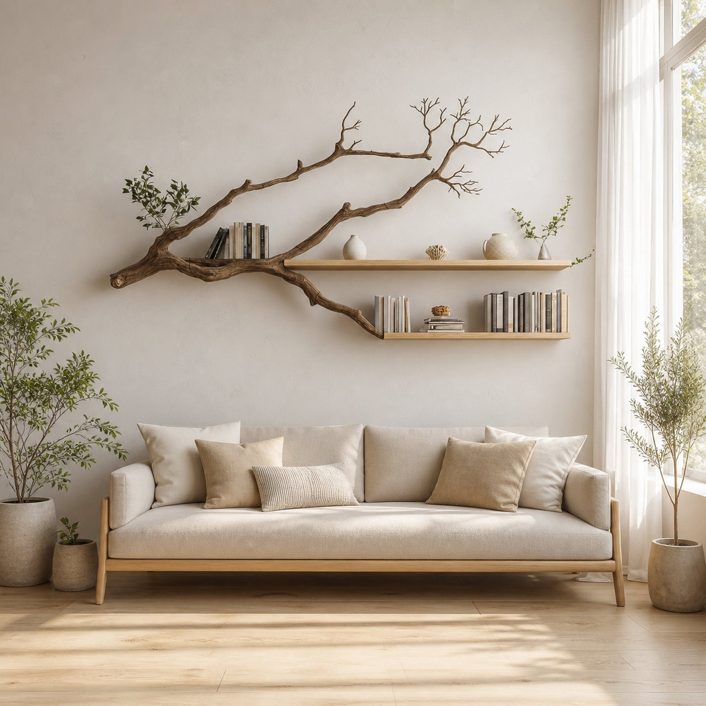 Rustic Tree Wall Shelf For Modern Bedroom Decor