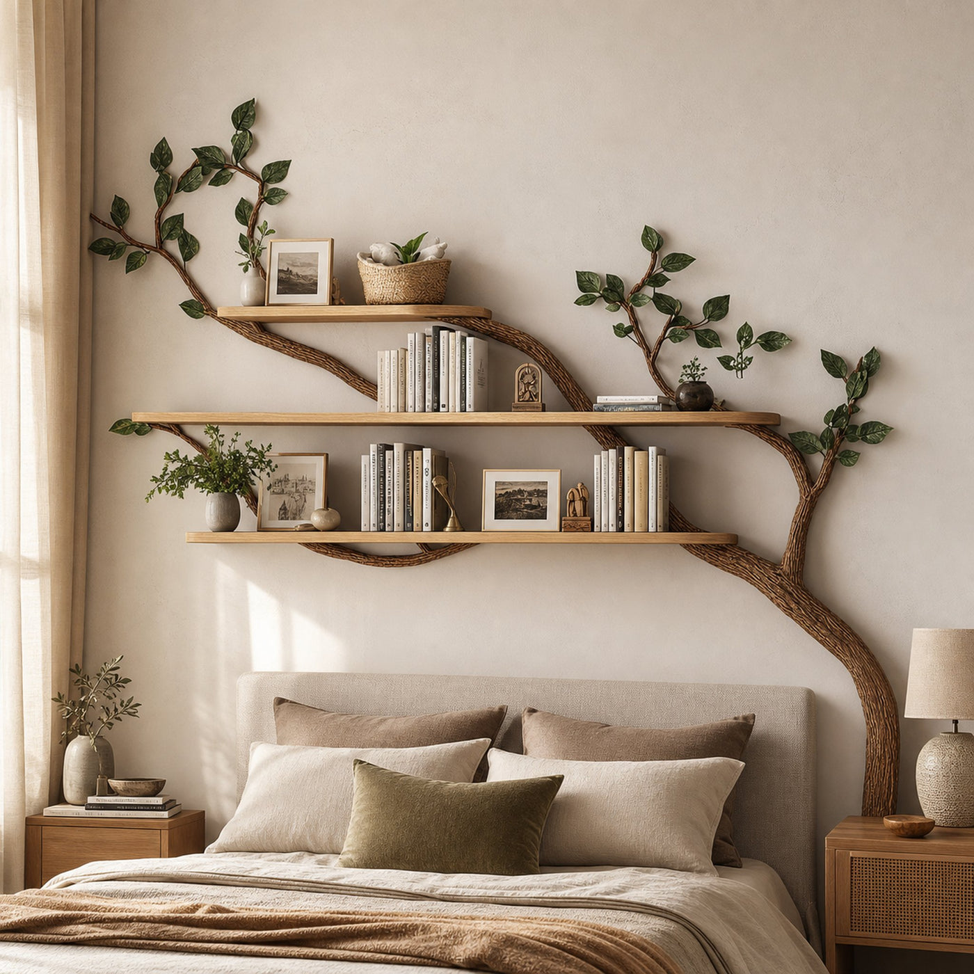 Rustic Tree Wall Shelf For Modern Bedroom Decor