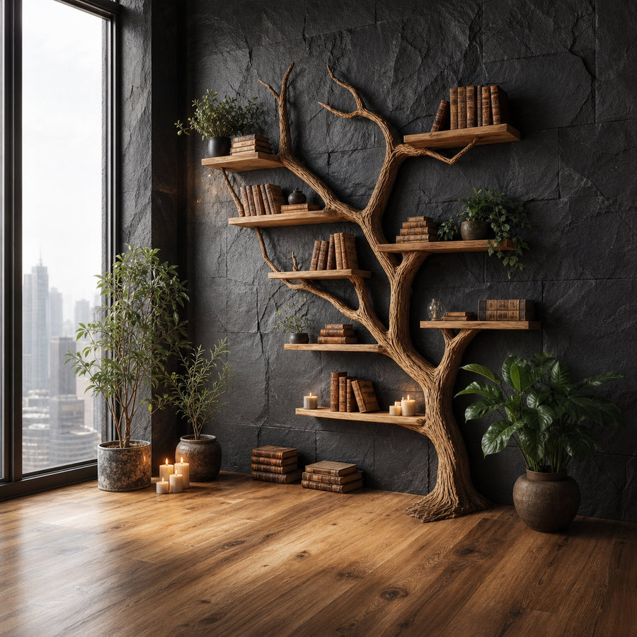 Rustic Tree Wall Shelf Library Study