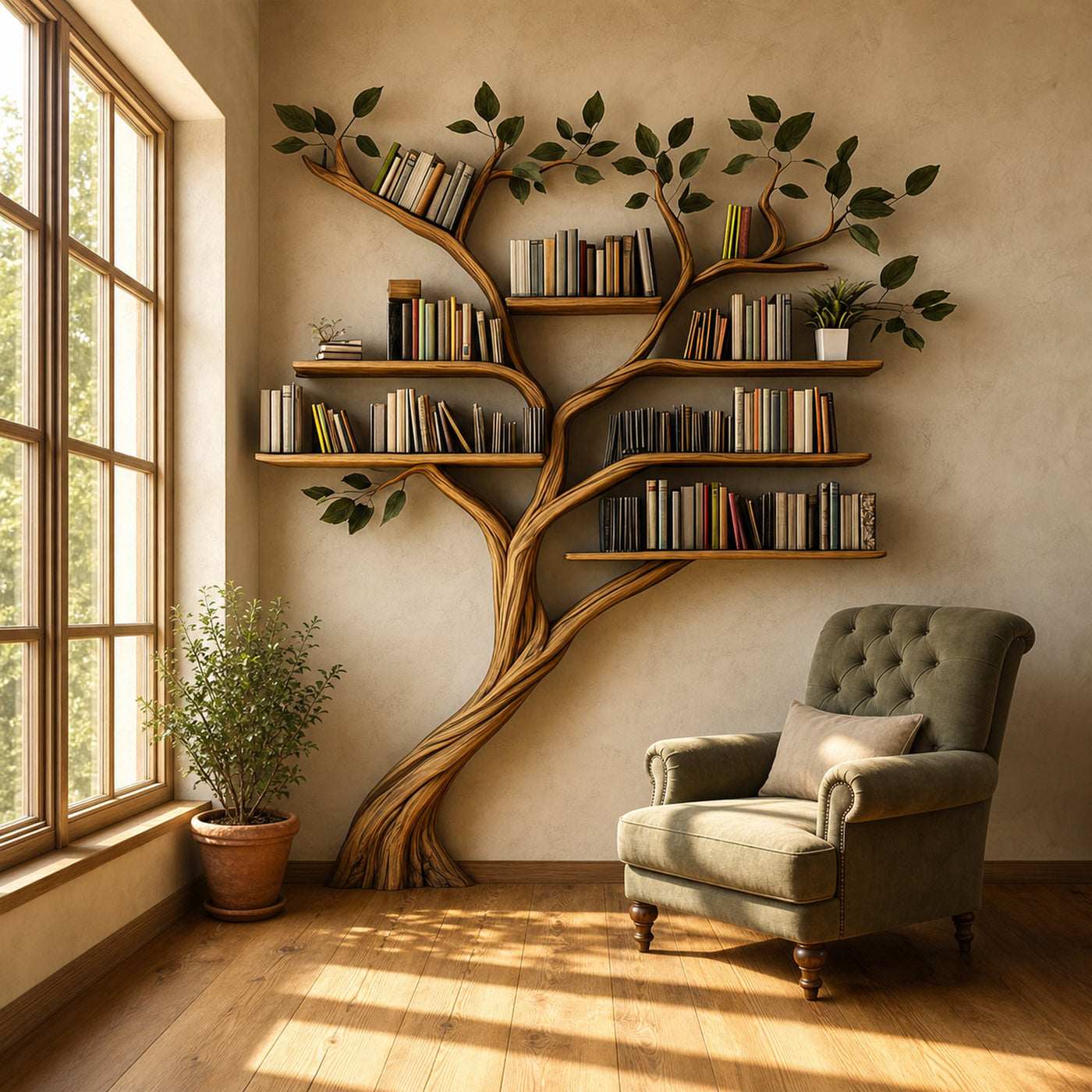 Rustic Tree Wall Shelf Living Room Artistic Display