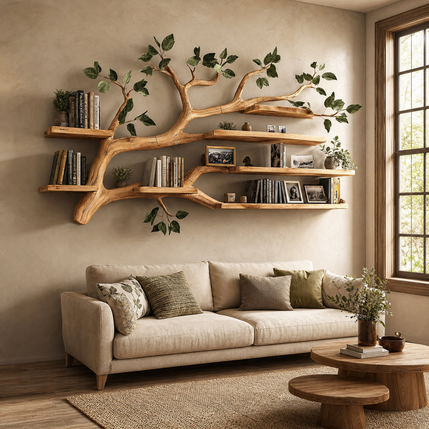 Rustic Tree Wall Shelf Living Room Office Reading Corner