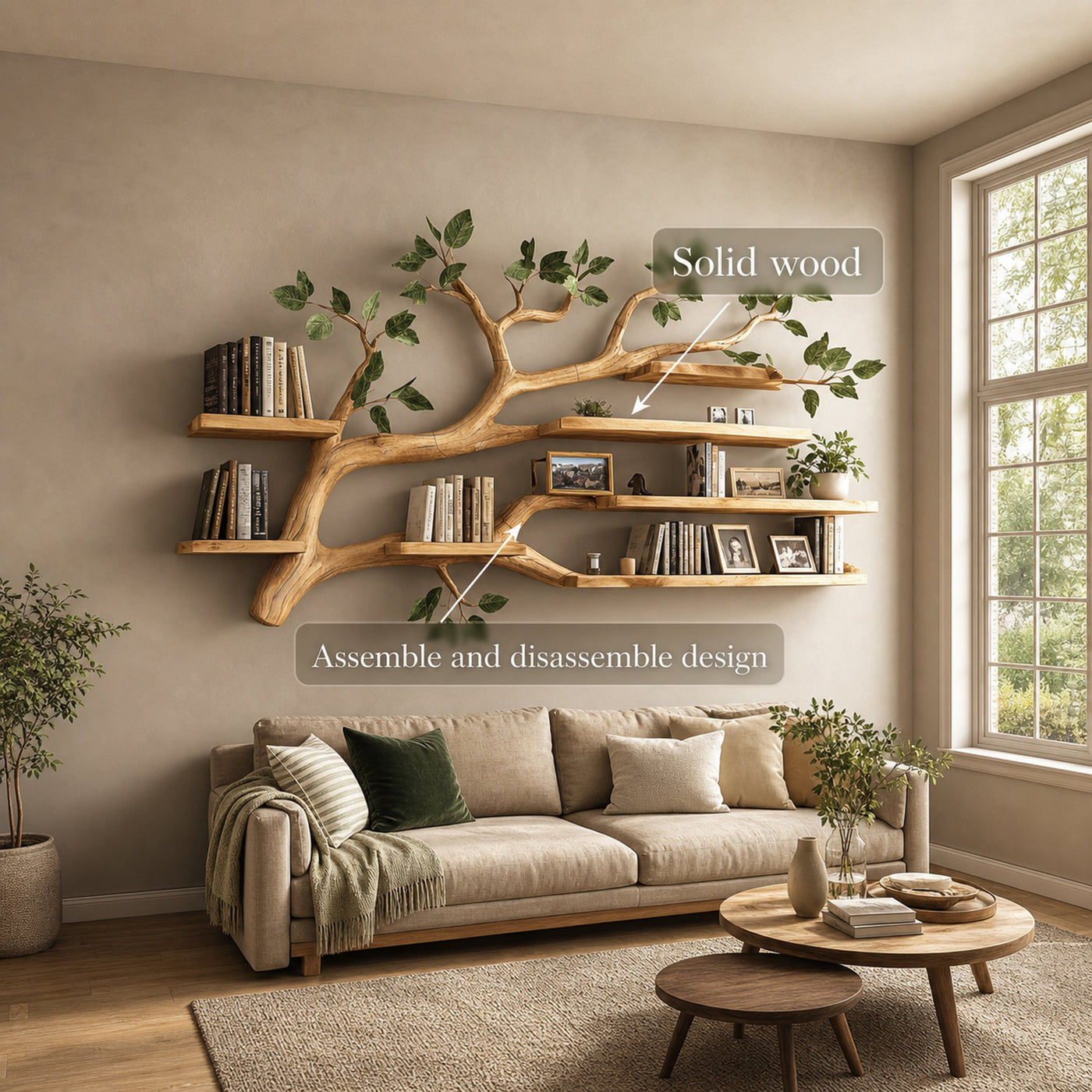 Rustic Tree Wall Shelf Living Room Office Reading Corner - product view 6