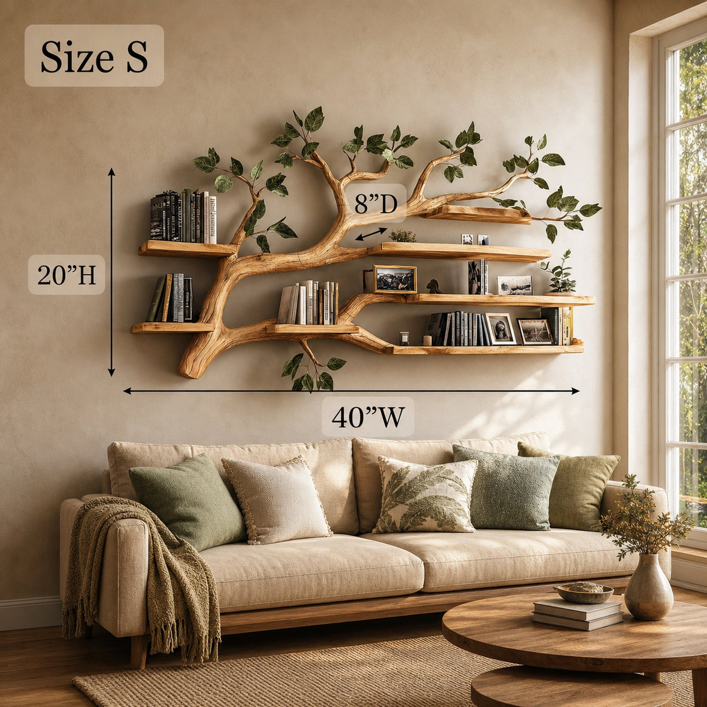 Rustic Tree Wall Shelf Living Room Office Reading Corner - product view 7