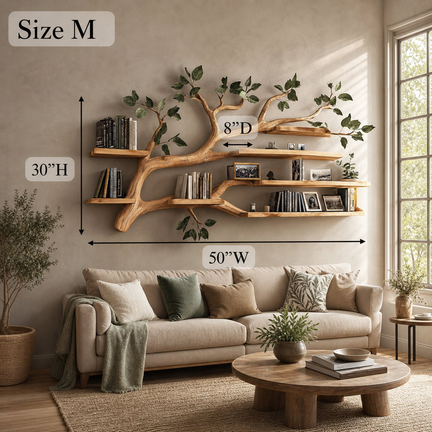 Rustic Tree Wall Shelf Living Room Office Reading Corner - product view 8