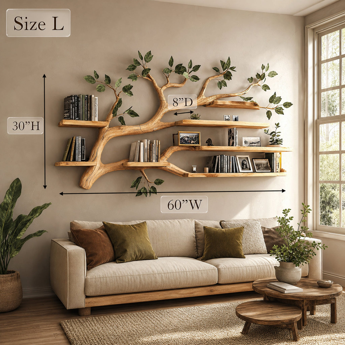 Rustic Tree Wall Shelf Living Room Office Reading Corner - product view 9