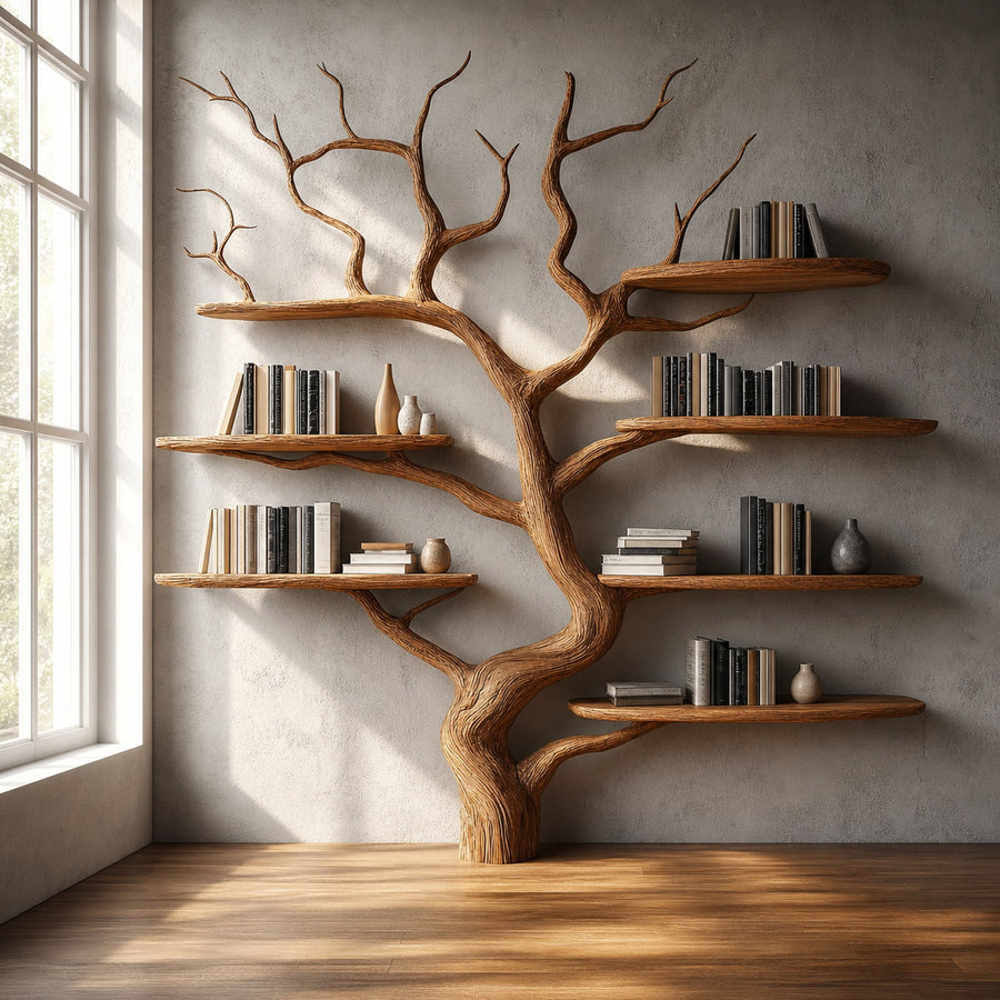 Rustic Tree Wall Shelf Solid Wood Minimal Artistic Design Living Room