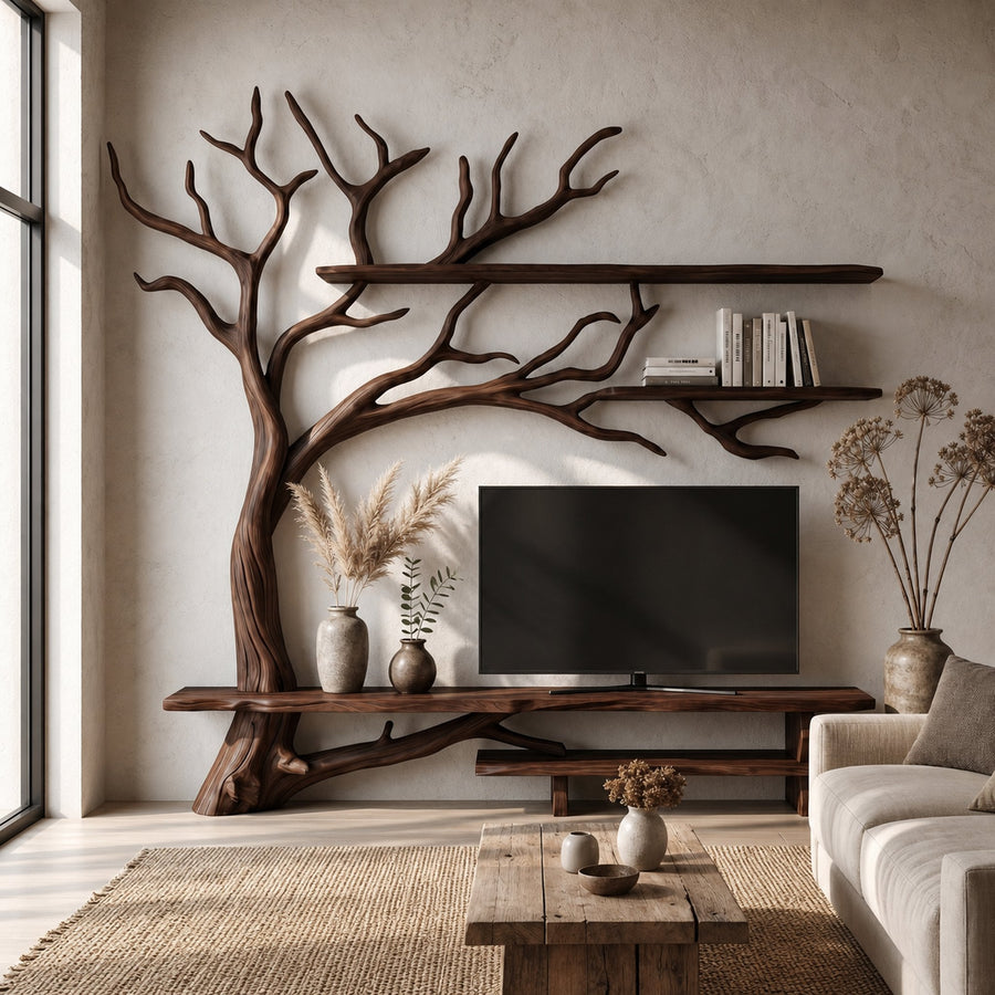 Rustic Tree Wall TV Stand System For Living Room And Media Space