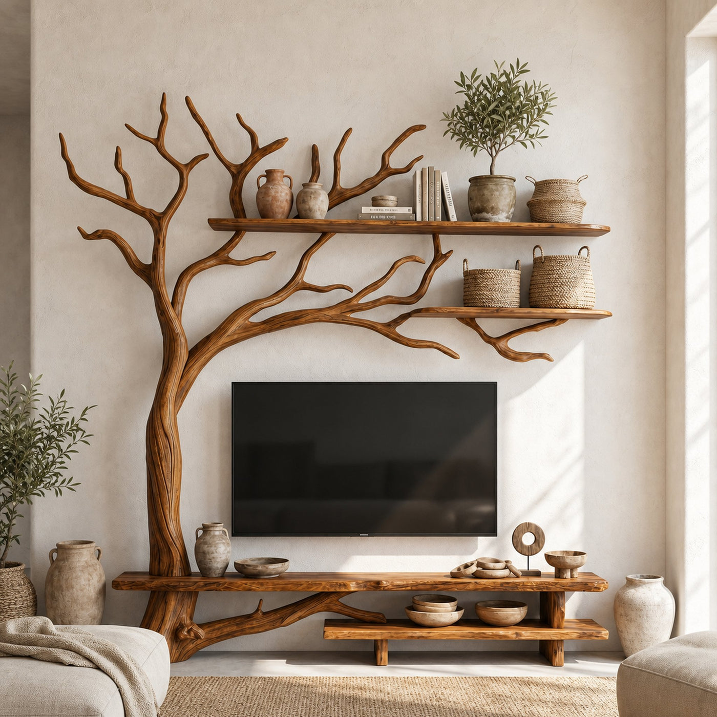 Rustic Tree Wall TV Stand System For Living Room And Media Space - product view 6