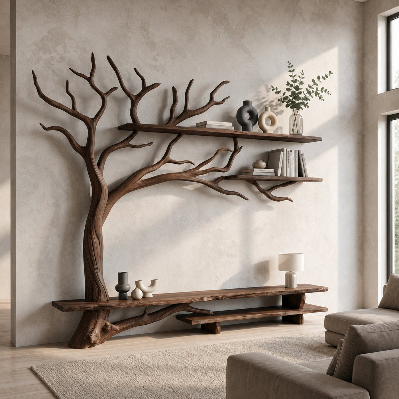 Rustic Tree Wall TV Stand System For Living Room And Media Space - product view 7