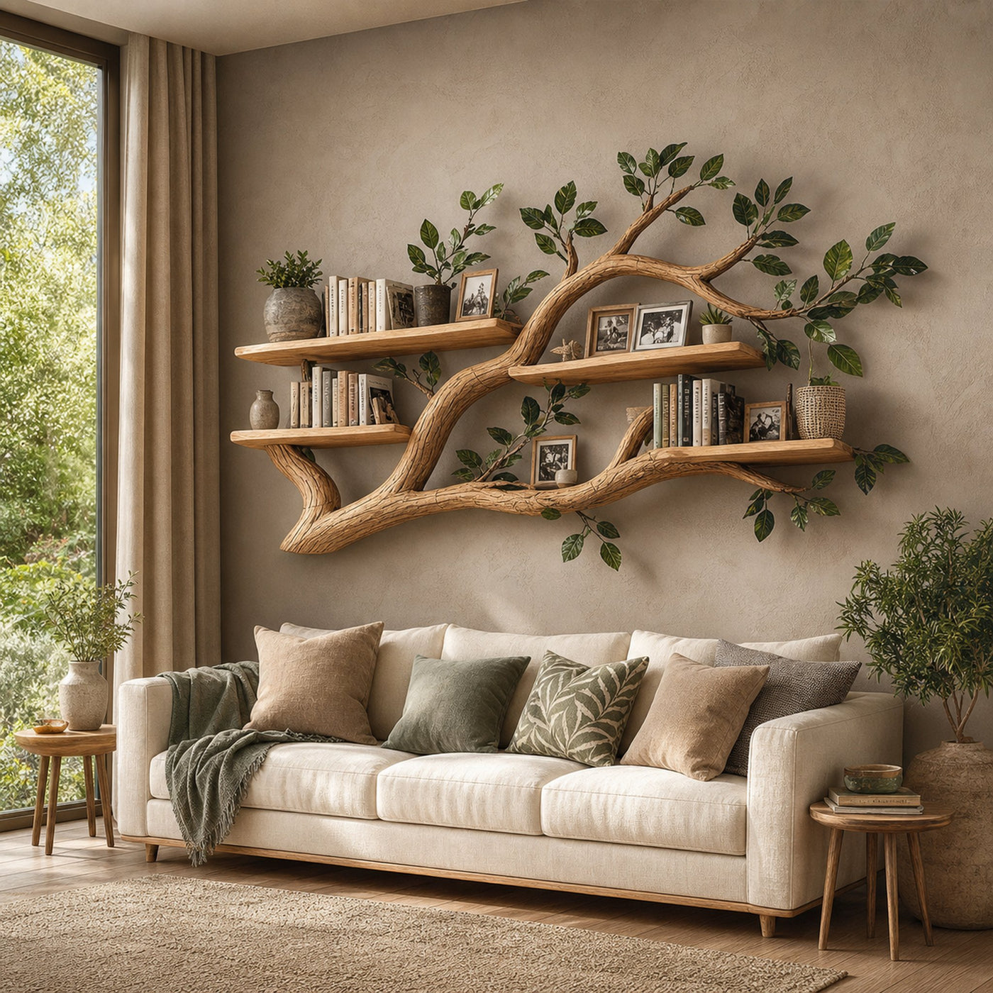 Rustic Wall Mounted Branch Bookshelf Living room