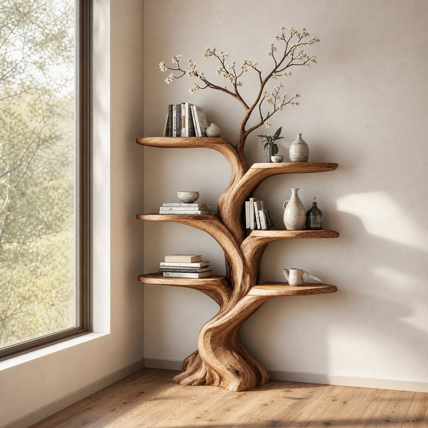Rustic Wall Mounted Tree Shelf Living Room Cozy Decor