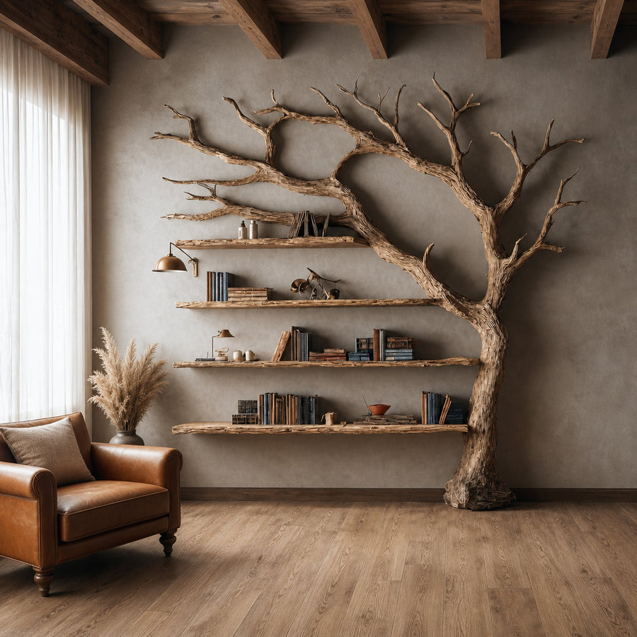 Rustic Wall Mounted Tree Shelf Living Room Decor