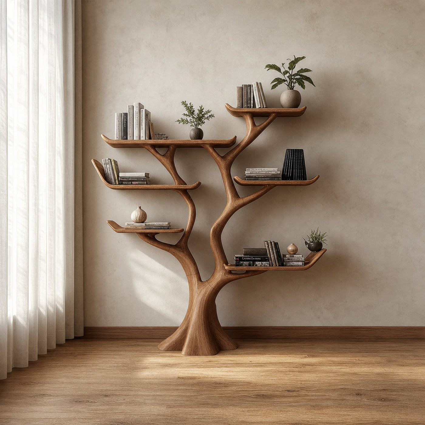Rustic Walnut Wood Bookshelf Tree Shelf Living Room Decor Family Gift