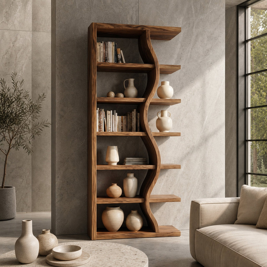 Rustic Wave Bookshelf For Living Room And Studio