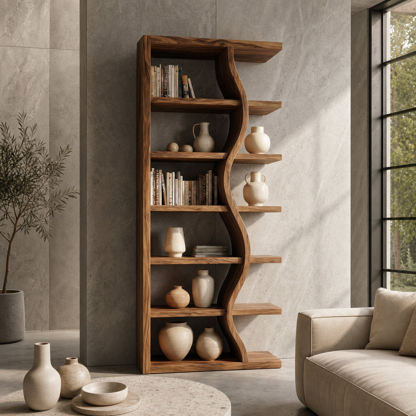 Rustic Wave Bookshelf For Living Room And Studio