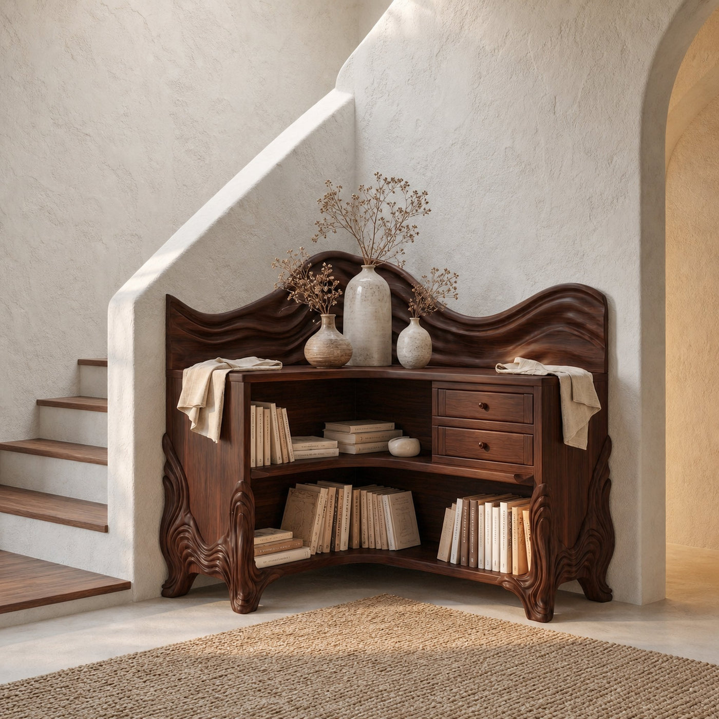 Rustic Wave Top Corner Bookshelf With Sculptural Wooden Shelves And Open Storage For Living Room And Bedroom