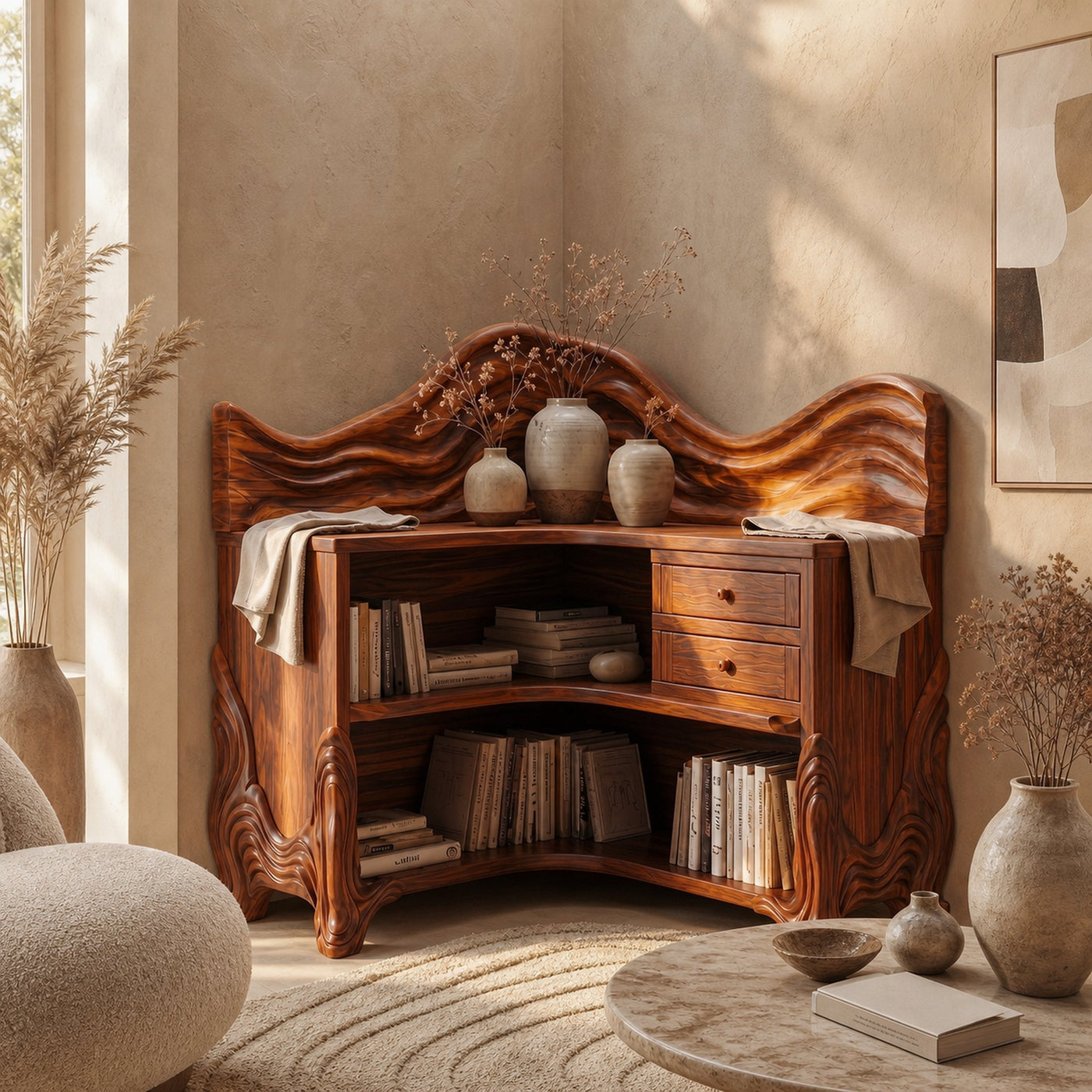 Rustic Wave Top Corner Bookshelf With Sculptural Wooden Shelves And Open Storage For Living Room And Bedroom - product view 6
