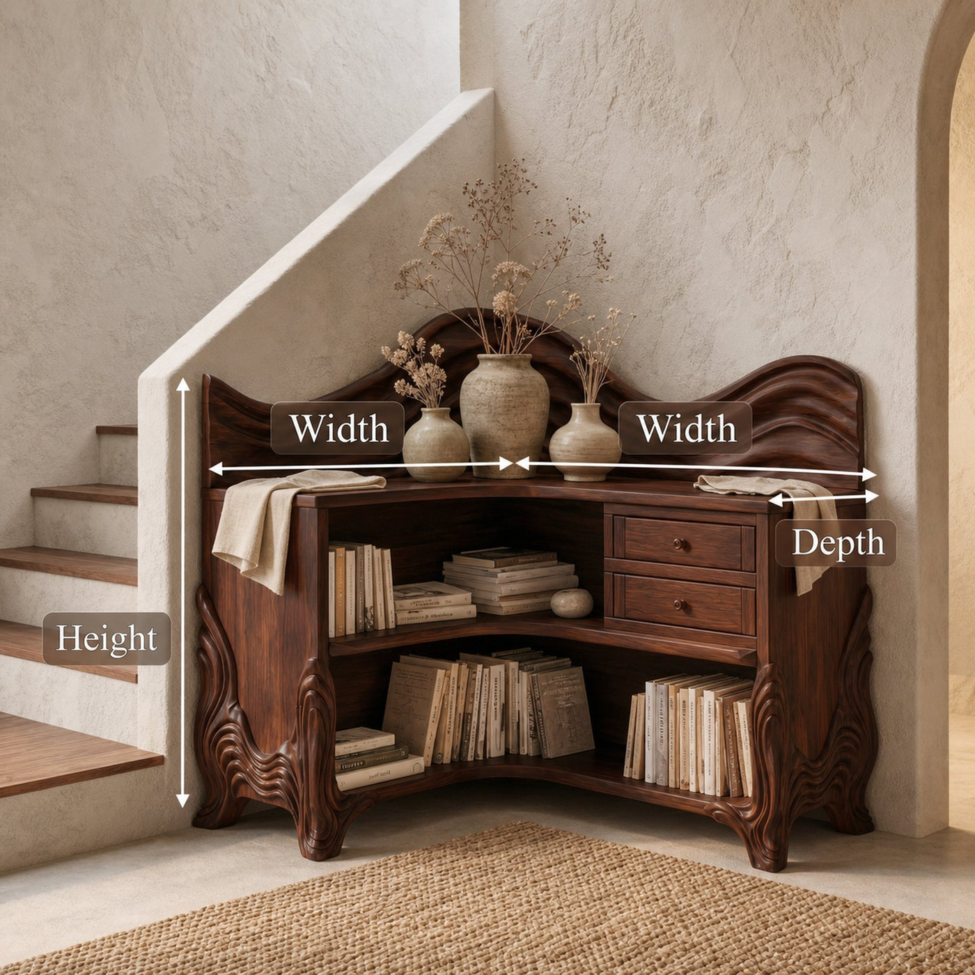 Rustic Wave Top Corner Bookshelf With Sculptural Wooden Shelves And Open Storage For Living Room And Bedroom - product view 8