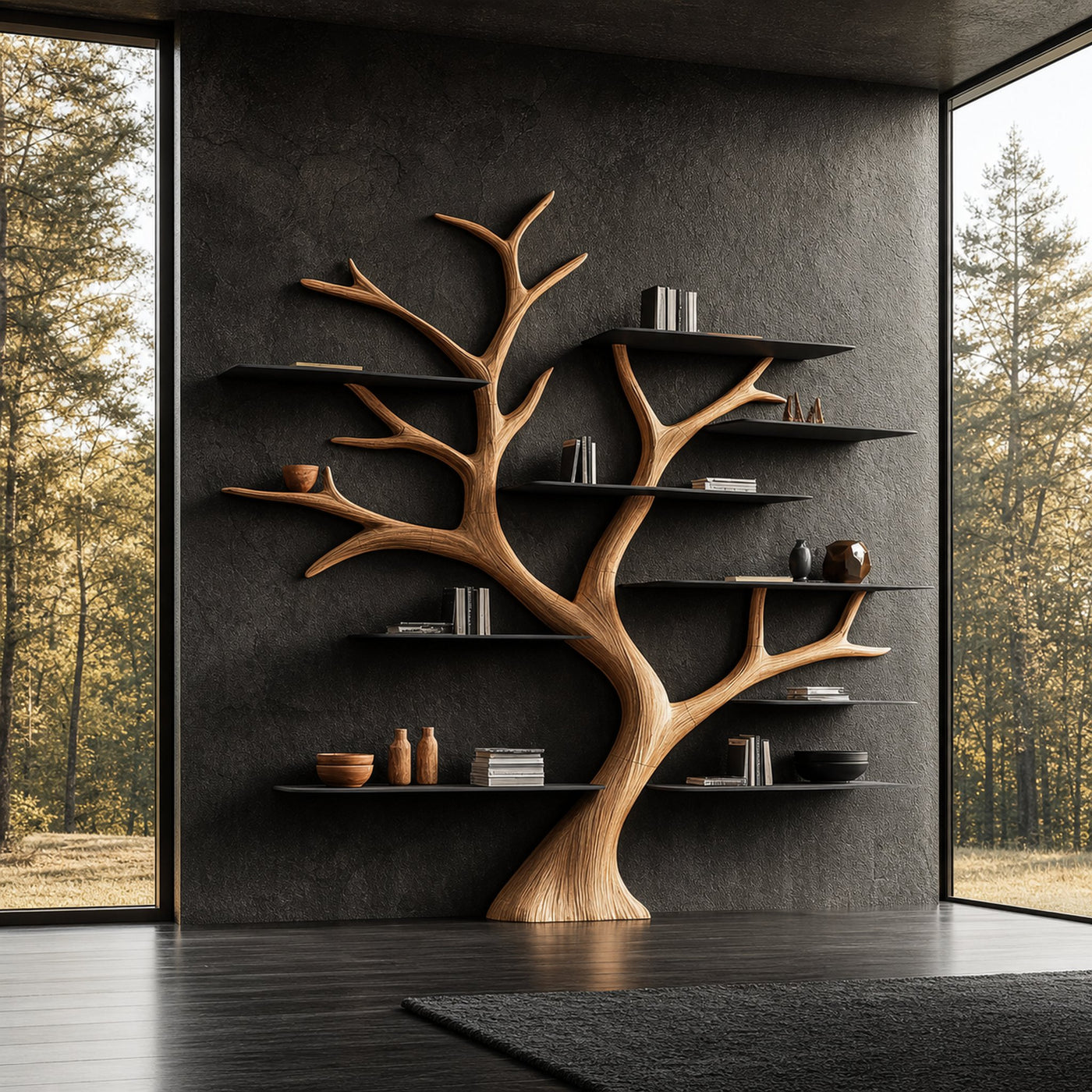 Rustic Wide Tree Bookshelf Home Office or Living Room Storage