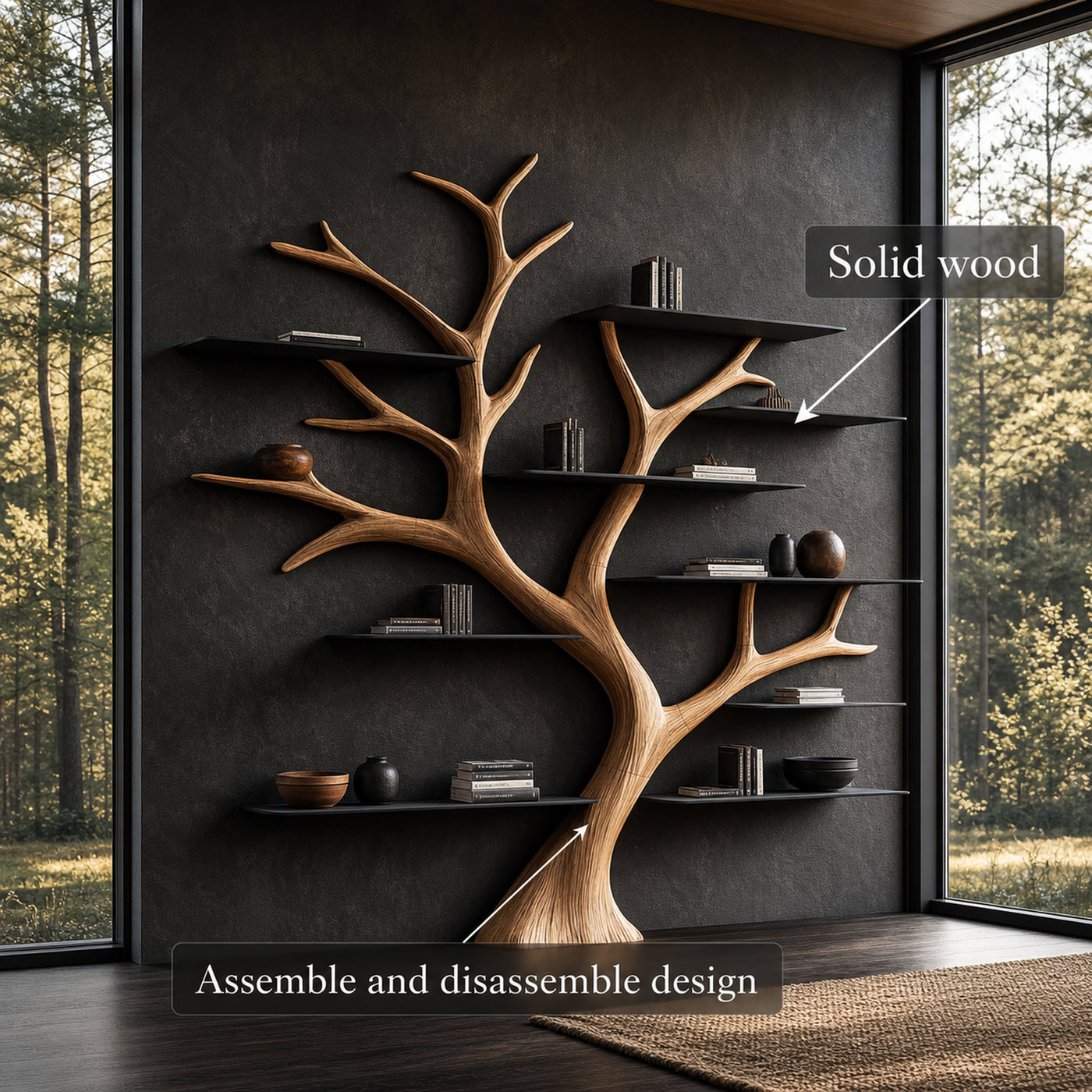 Rustic Wide Tree Bookshelf Home Office or Living Room Storage - product view 6