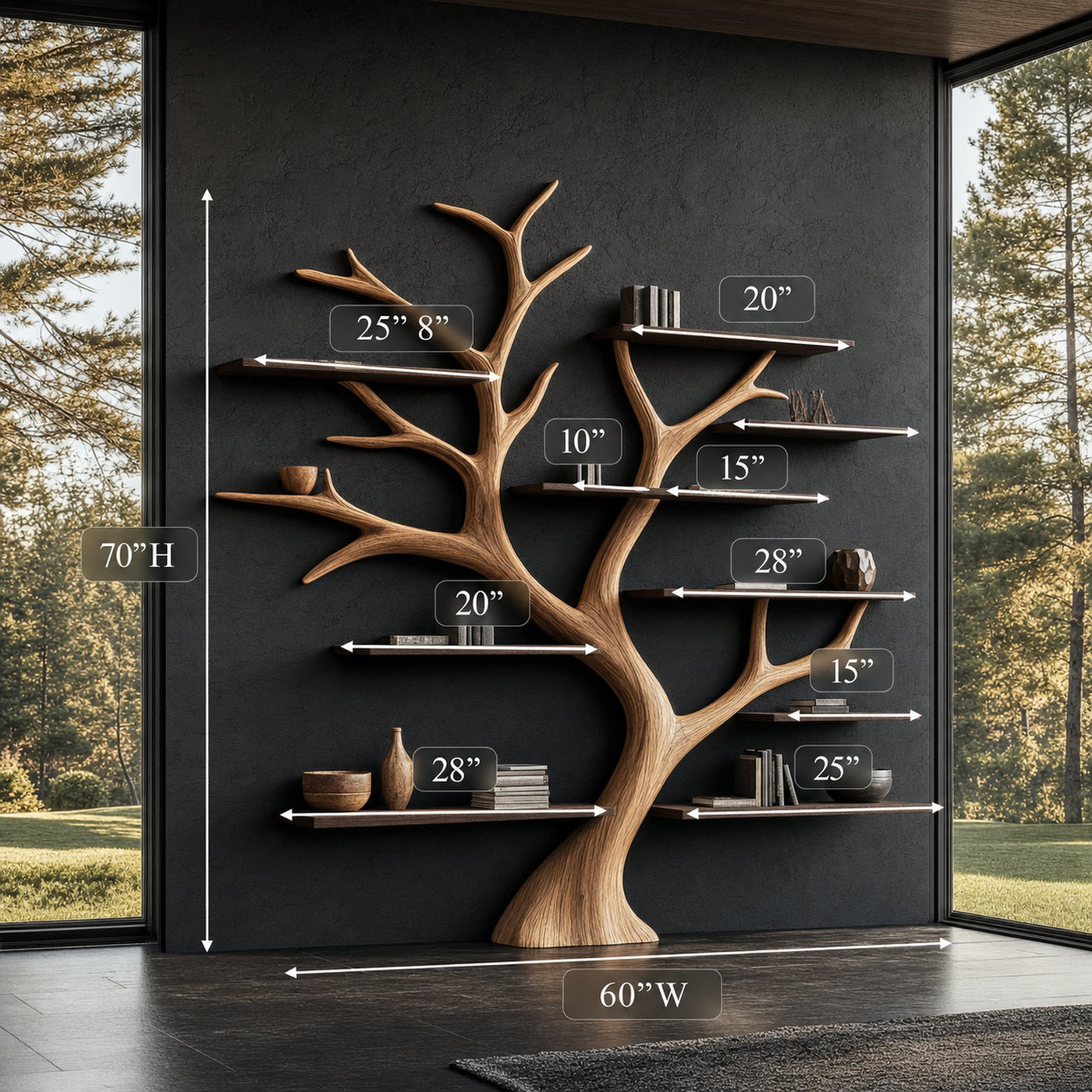 Rustic Wide Tree Bookshelf Home Office or Living Room Storage - product view 7