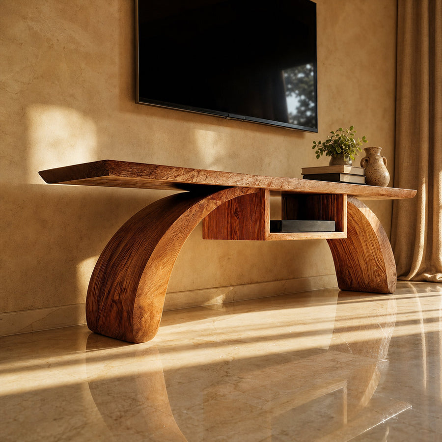 Rustic Wood TV Stand Curved Base Floating Top Living Room