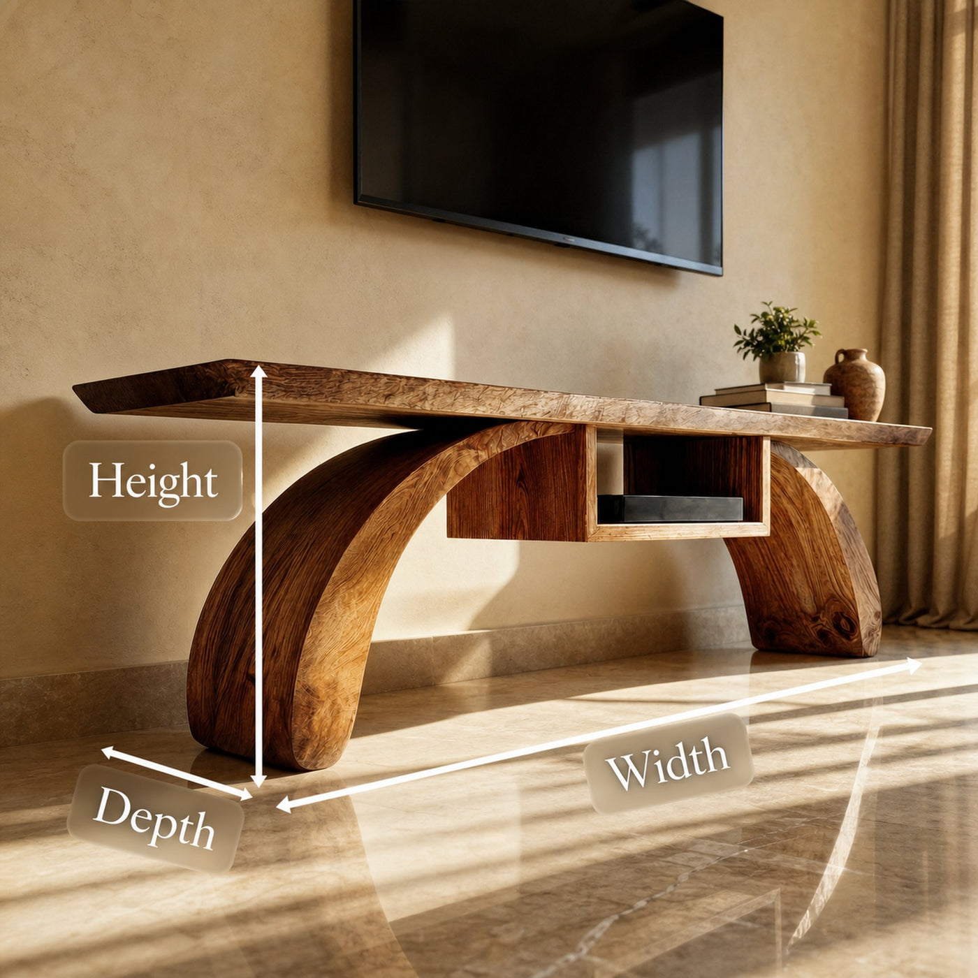 Rustic Wood TV Stand Curved Base Floating Top Living Room - product view 6