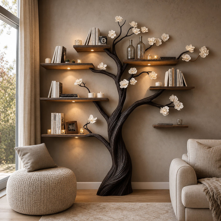 Rustic Wood Wall Mounted Tree Bookcase Decor Home Gift
