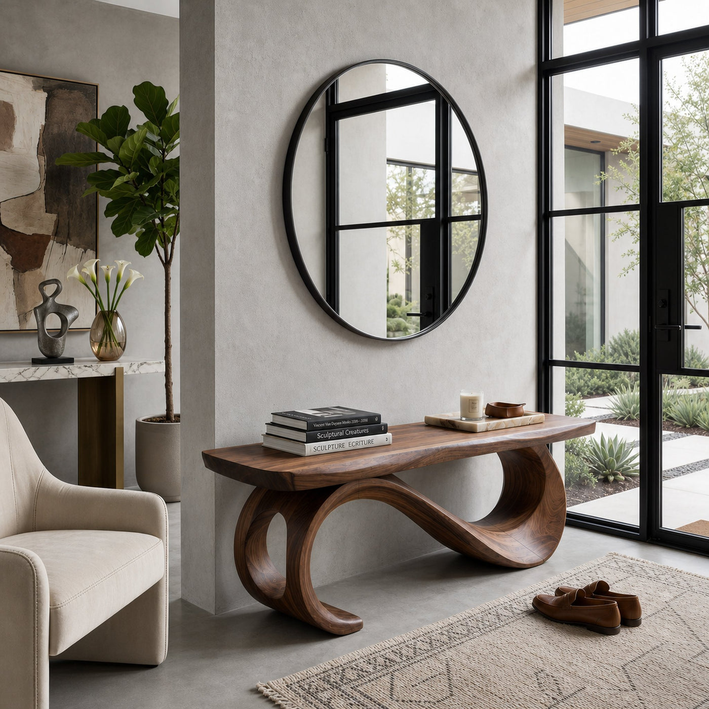 Rustic Wooden Bench With Sculptural Base For Entryway
