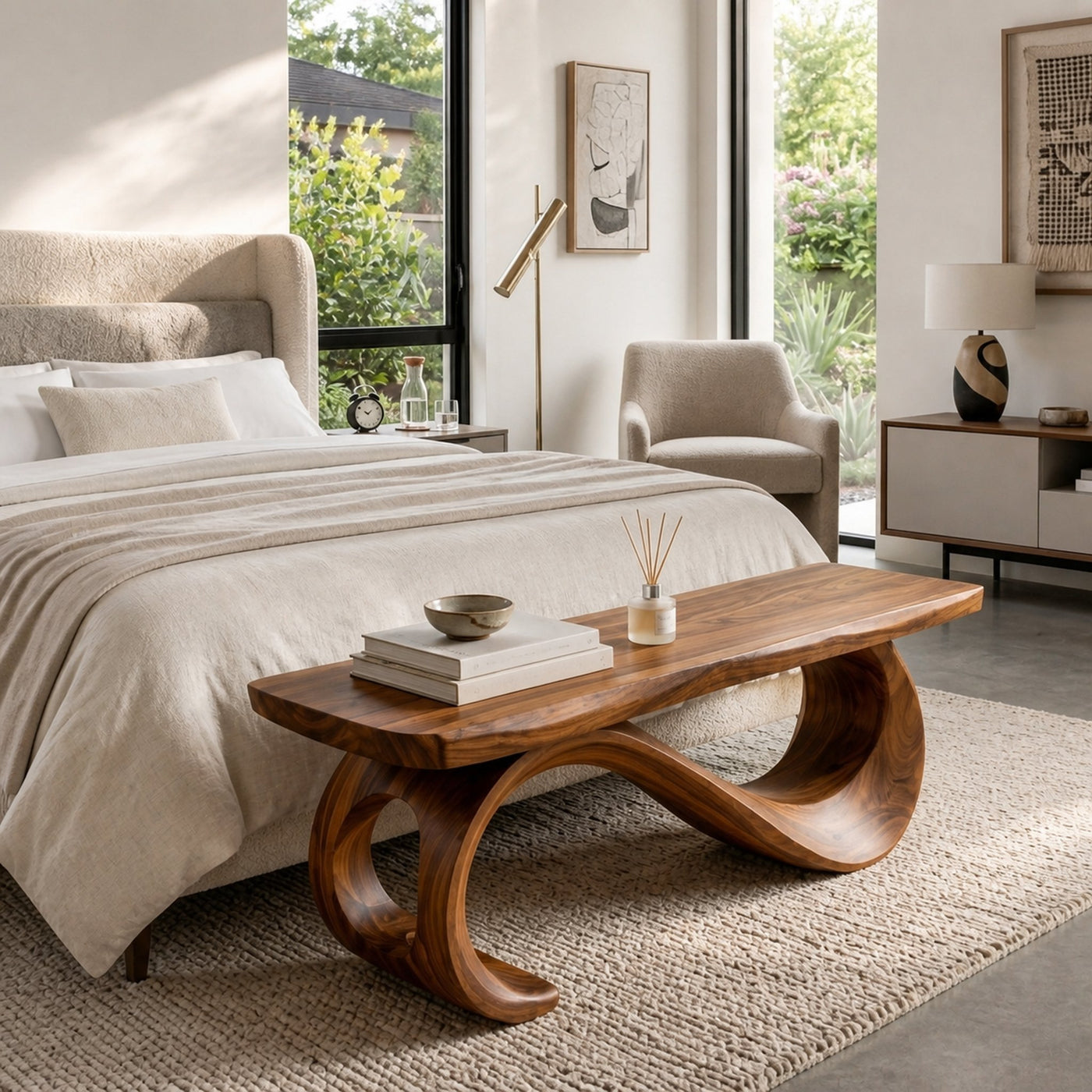 Rustic Wooden Bench With Sculptural Base For Entryway - product view 6