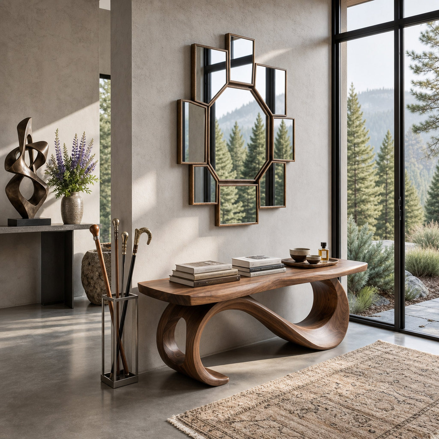 Rustic Wooden Bench With Sculptural Base For Entryway - product view 7