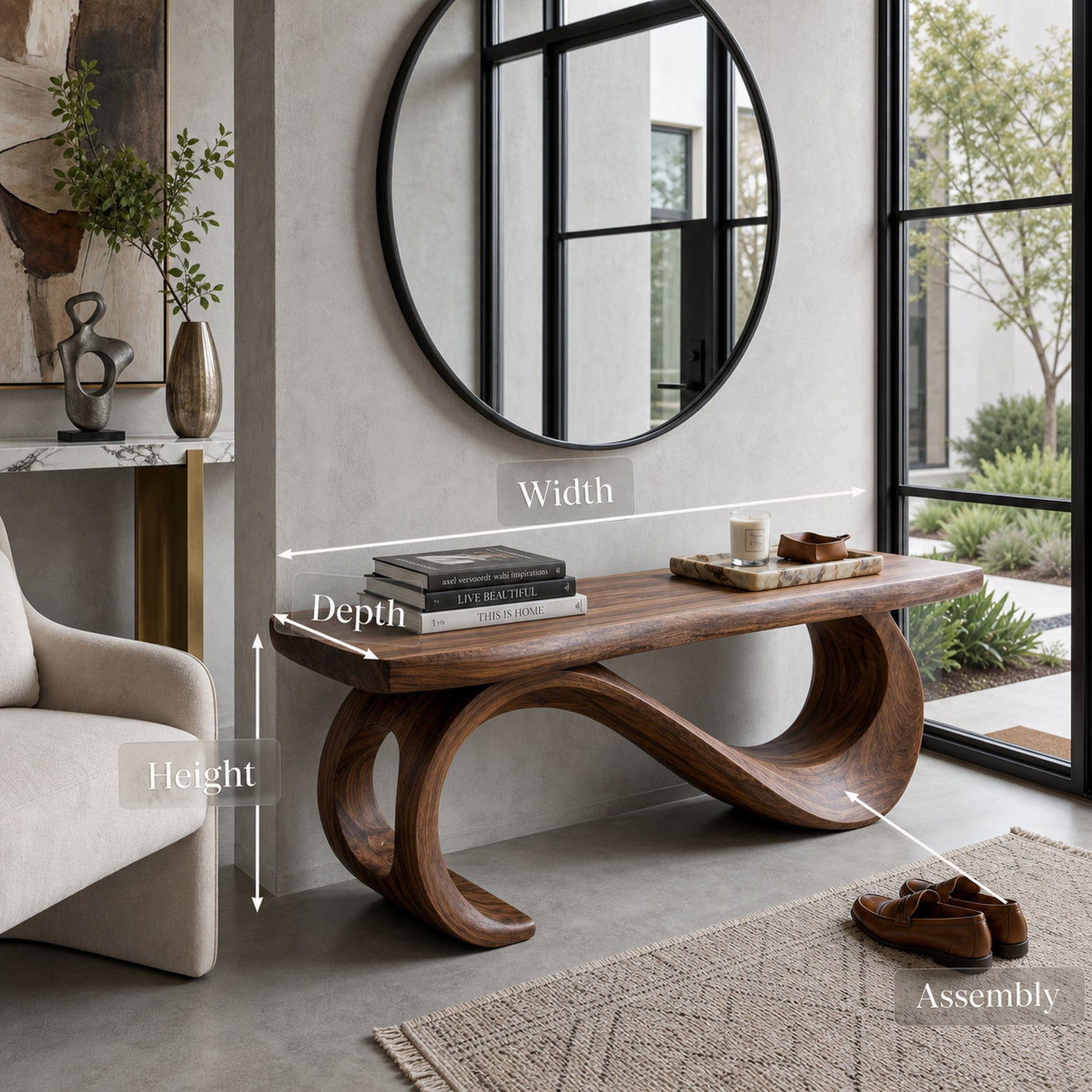 Rustic Wooden Bench With Sculptural Base For Entryway - product view 8