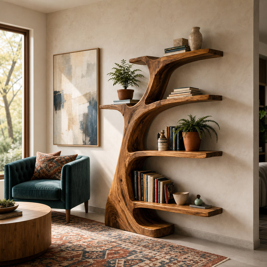 Rustic Wooden Curved Bookshelf Tree Design For Living Room