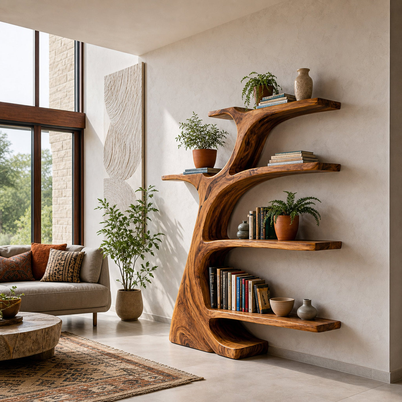 Rustic Wooden Curved Bookshelf Tree Design For Living Room - product view 7