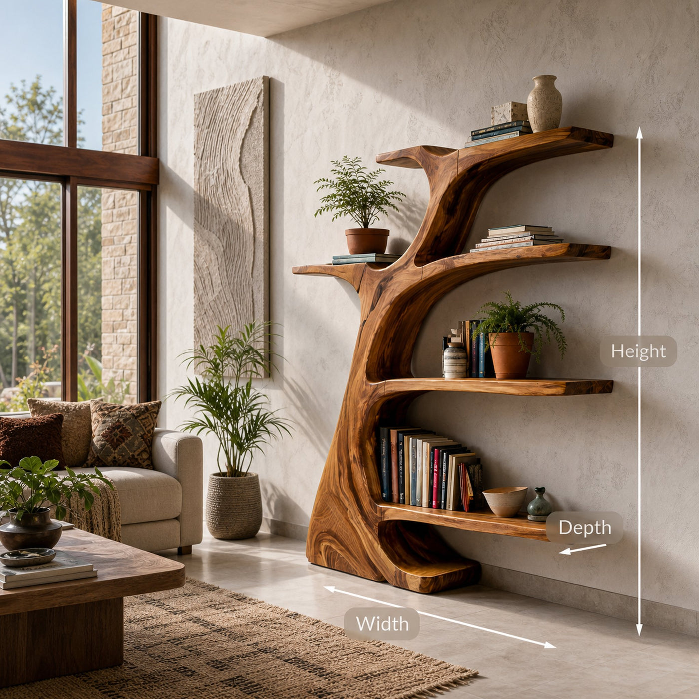 Rustic Wooden Curved Bookshelf Tree Design For Living Room - product view 8