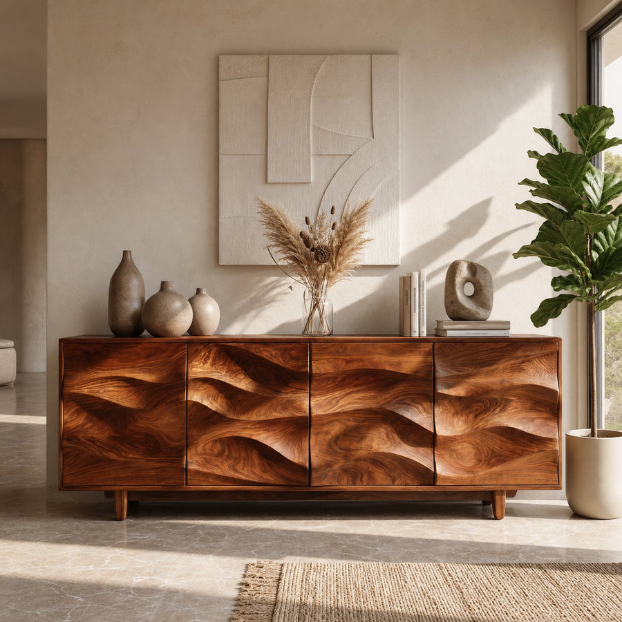 Rustic Wooden Sideboard With Undulating Doors For Living Room