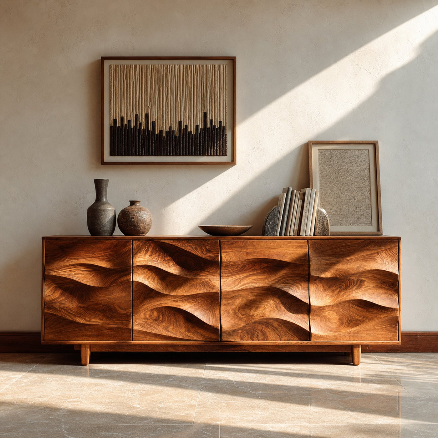 Rustic Wooden Sideboard With Undulating Doors For Living Room - product view 6